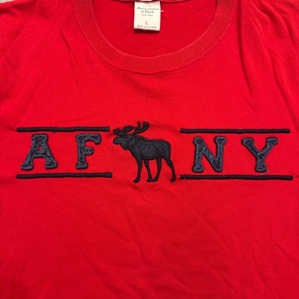 Abercrombie‎ & Fitch Mens Large Y2K Muscle Fit Moose Logo Red Tee Shirt - Picture 2 of 5
